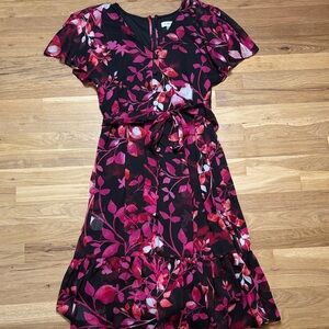 Calvin Klein Black & Pink Floral Midi Lightweight Flowy Dress Women’s 6